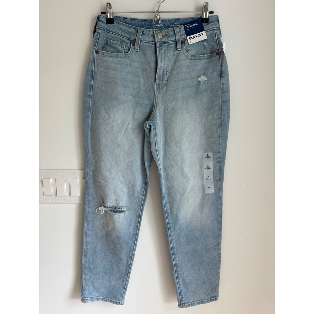 Old Navy OG Straight Ankle High Rise Distressed Jeans Light Wash 6 NEW